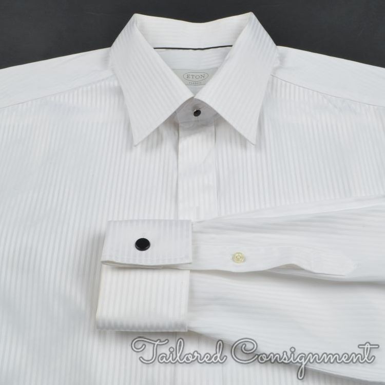ETON Ivory White Striped 100% Cotton Mens FRENCH CUFF Luxury Dress Shirt - 17 ETON Ivory White Striped 100% Cotton Mens FRENCH CUFF Luxury Dress Shirt - 17